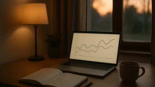Schreibtisch mit Laptop, Notizbuch und Teetasse im Abendlicht
