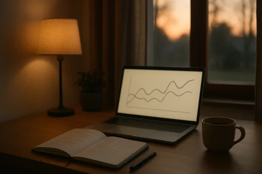 Schreibtisch mit Laptop, Notizbuch und Teetasse im Abendlicht