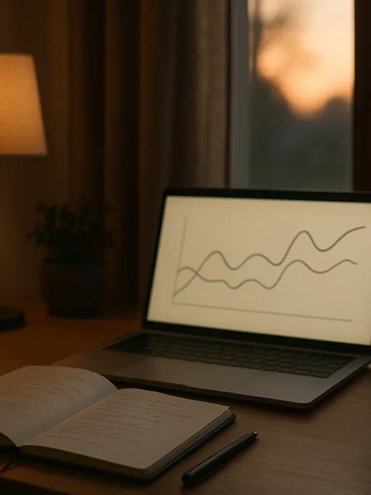 Schreibtisch mit Laptop, Notizbuch und Teetasse im Abendlicht