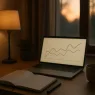 Schreibtisch mit Laptop, Notizbuch und Teetasse im Abendlicht