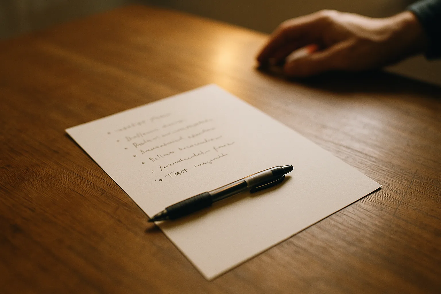 Handschriftlich notierte Anlageregeln auf einem Blatt Papier mit Stift
