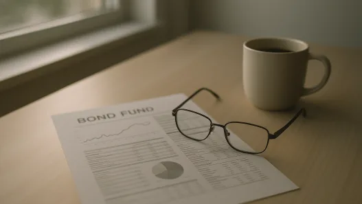 Schreibtisch mit Anleihen-Factsheet, Lesebrille und Kaffeetasse im Morgenlicht