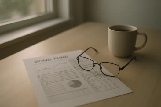 Schreibtisch mit Anleihen-Factsheet, Lesebrille und Kaffeetasse im Morgenlicht