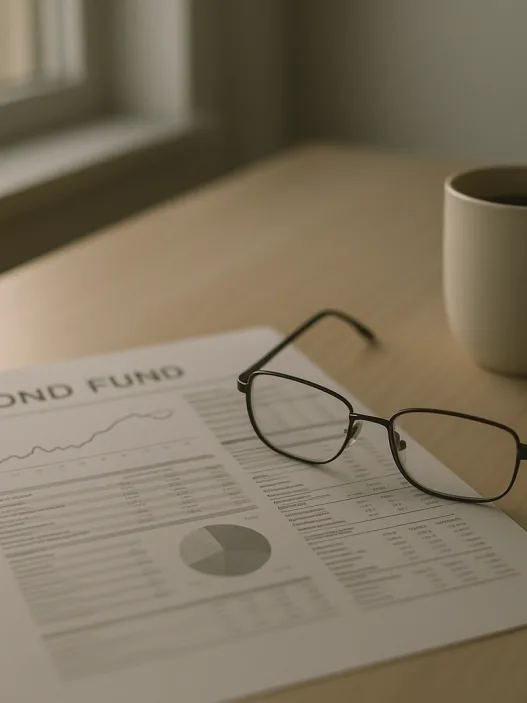 Schreibtisch mit Anleihen-Factsheet, Lesebrille und Kaffeetasse im Morgenlicht