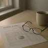 Schreibtisch mit Anleihen-Factsheet, Lesebrille und Kaffeetasse im Morgenlicht