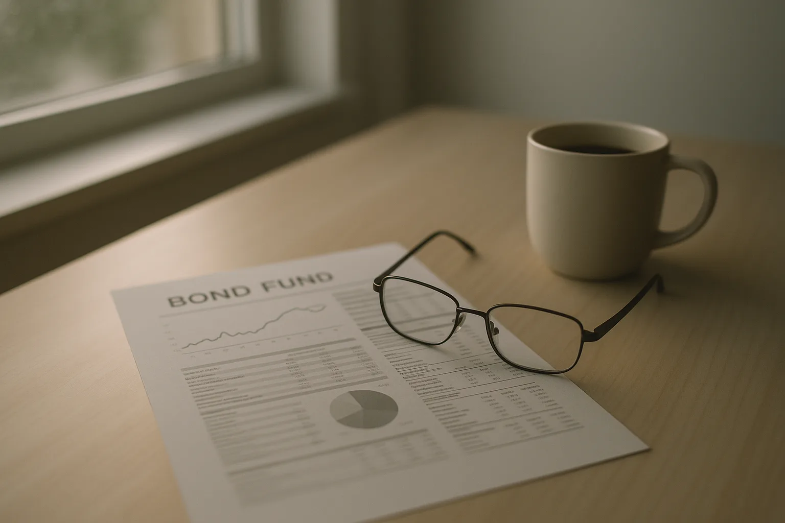 Schreibtisch mit Anleihen-Factsheet, Lesebrille und Kaffeetasse im Morgenlicht