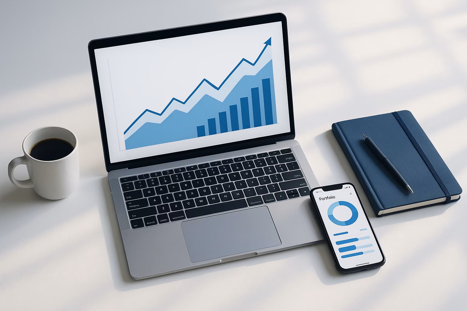 Schreibtisch mit Laptop und Smartphone, auf denen ein Wertpapierdepot mit Charts zu sehen ist
