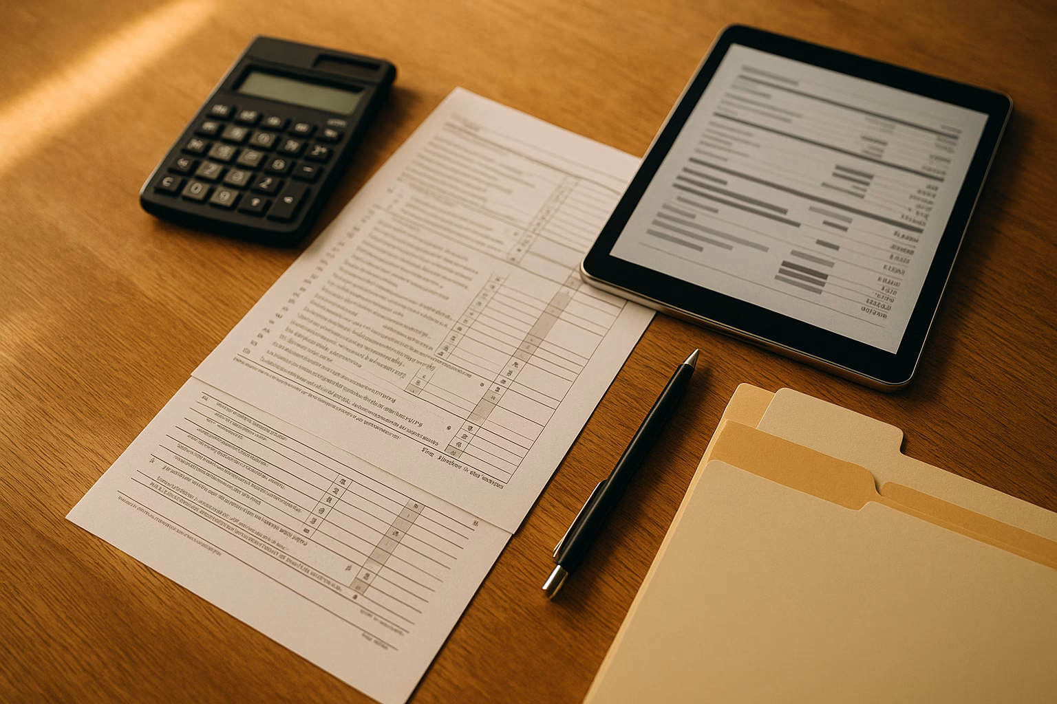 Steuerunterlagen, Taschenrechner und Tablet auf einem Tisch als Symbol für den Steuer-Service beim Broker