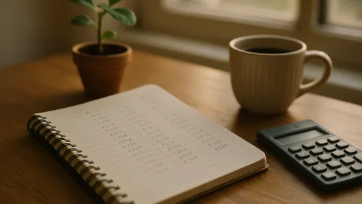 Schreibtisch mit Notizbuch, Taschenrechner und Kaffeetasse im Morgenlicht