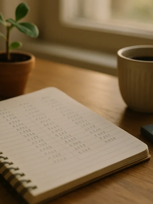 Schreibtisch mit Notizbuch, Taschenrechner und Kaffeetasse im Morgenlicht