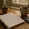 Schreibtisch mit Notizbuch, Taschenrechner und Kaffeetasse im Morgenlicht
