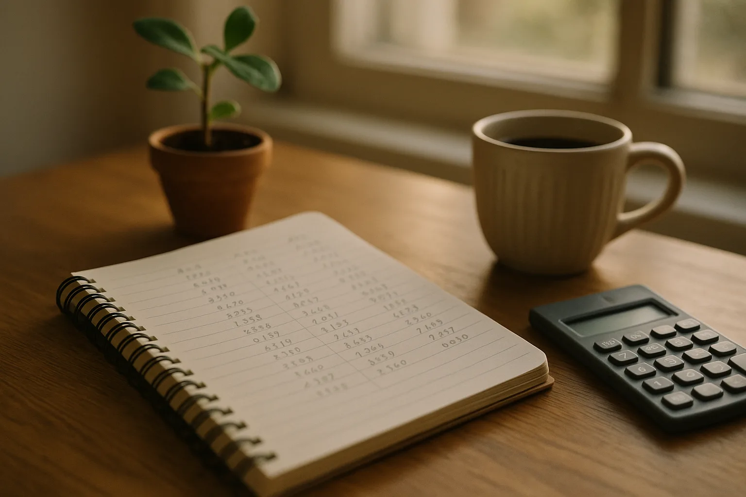 Schreibtisch mit Notizbuch, Taschenrechner und Kaffeetasse im Morgenlicht