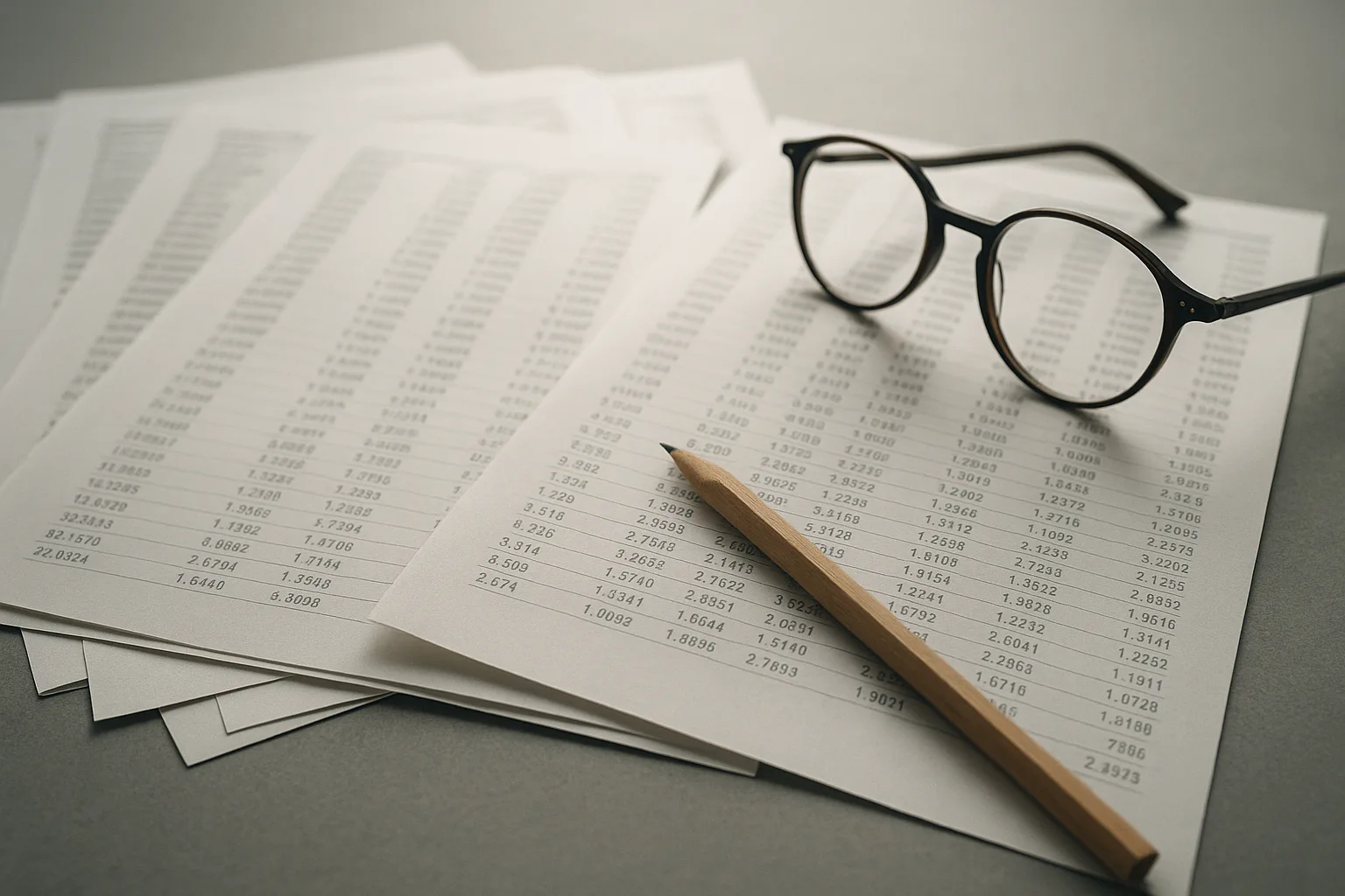 Dividendenstrategie aufbauen: Ausschüttungen planbar machen 13 Ausgedruckte Geschäftszahlen mit Bleistift und Lesebrille auf einem Tisch