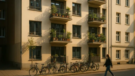 Mehrfamilienhaus mit Balkonen in einer Stadtstraße im Nachmittagslicht