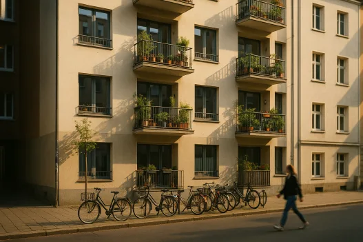 Mehrfamilienhaus mit Balkonen in einer Stadtstraße im Nachmittagslicht