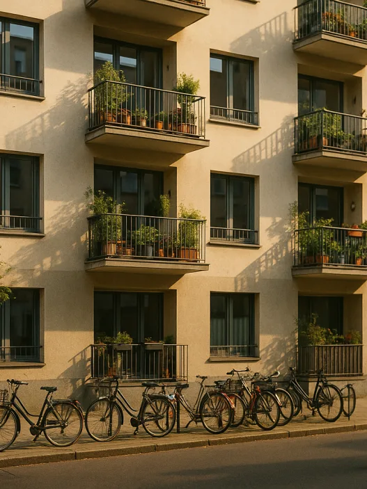 Mehrfamilienhaus mit Balkonen in einer Stadtstraße im Nachmittagslicht