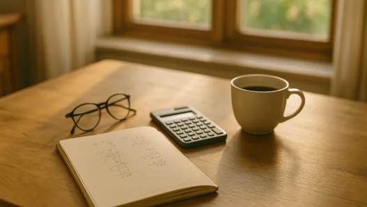 Notizbuch mit handschriftlichen Berechnungen, Taschenrechner und Kaffeetasse auf einem Küchentisch