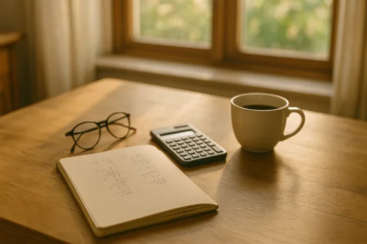 Notizbuch mit handschriftlichen Berechnungen, Taschenrechner und Kaffeetasse auf einem Küchentisch