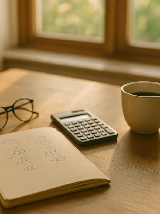 Notizbuch mit handschriftlichen Berechnungen, Taschenrechner und Kaffeetasse auf einem Küchentisch