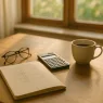 Notizbuch mit handschriftlichen Berechnungen, Taschenrechner und Kaffeetasse auf einem Küchentisch