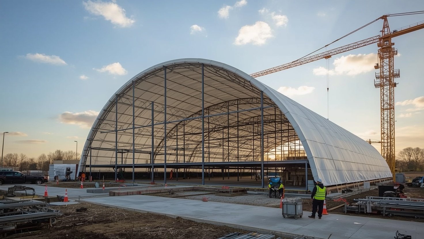 Baustelle moderne Rundbogen-Membranhalle in der Aufbauphase mit Kran