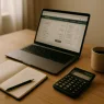 Schreibtisch mit Laptop, Taschenrechner und Notizblock bei der Steuerplanung