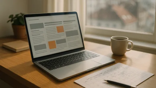 Schreibtisch mit Laptop, Notizen und Finanzkalender im Morgenlicht