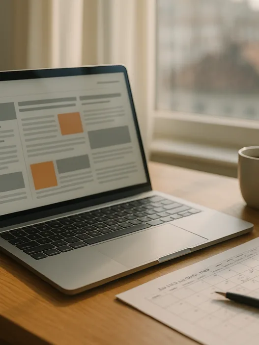 Schreibtisch mit Laptop, Notizen und Finanzkalender im Morgenlicht