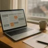 Schreibtisch mit Laptop, Notizen und Finanzkalender im Morgenlicht