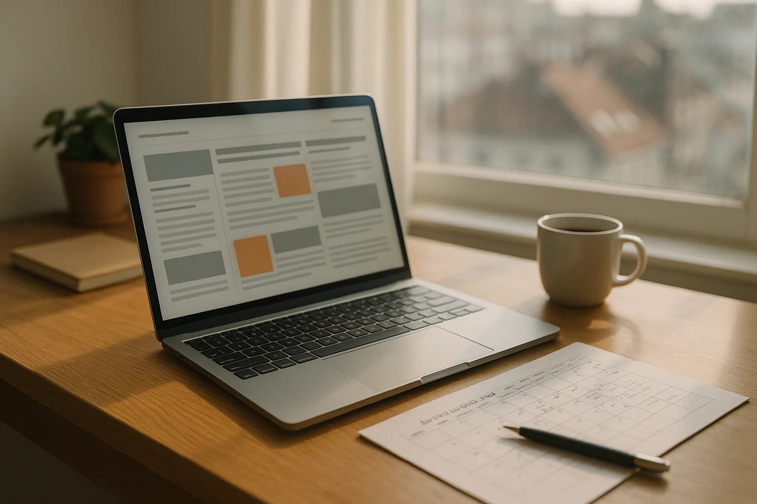 Schreibtisch mit Laptop, Notizen und Finanzkalender im Morgenlicht