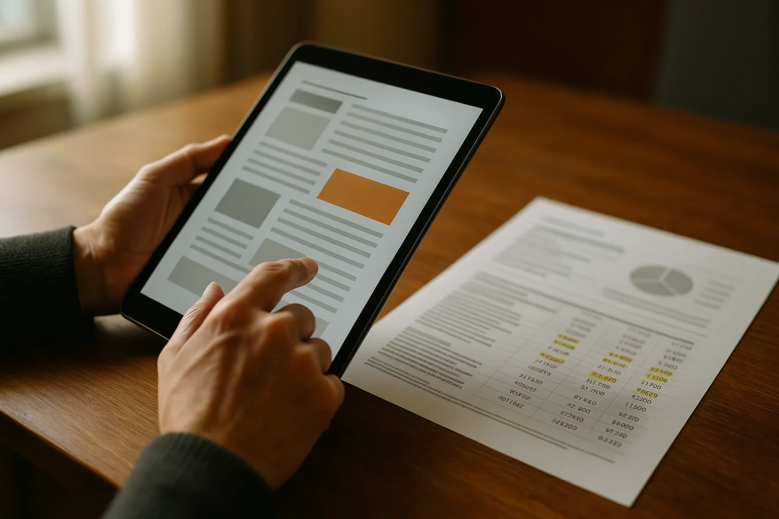 Nachrichtenportal für Anleger: Meldungen richtig lesen 13 Hände scrollen auf einem Tablet neben einem ausgedruckten Unternehmensbericht