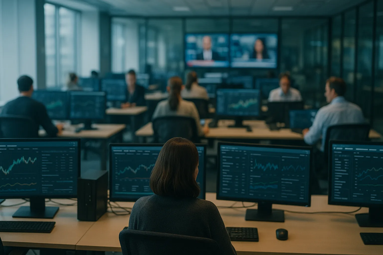 Nachrichtenportal für Anleger: Meldungen richtig lesen 14 Blick in eine Redaktion mit Bildschirmen und arbeitenden Personen im Hintergrund