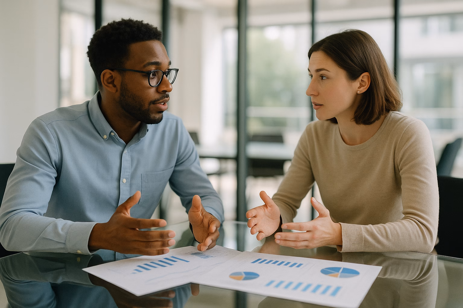 Private Equity und Venture Capital für Privatanleger 14 Zwei Personen besprechen Unterlagen zu einem Beteiligungsfonds an einem Besprechungstisch