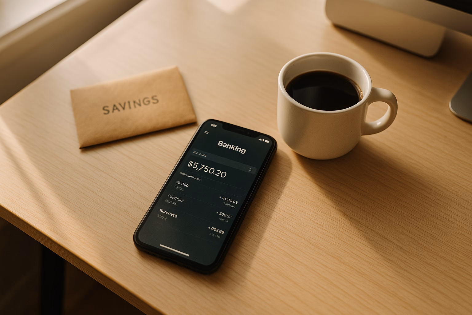 Schreibtisch mit Smartphone, Sparumschlag und Kaffeetasse bei Tageslicht