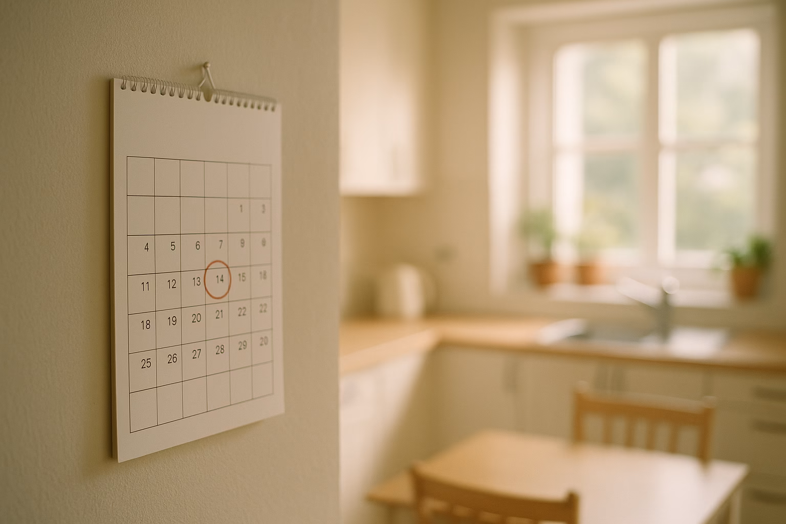 Tagesgeld, Festgeld oder Geldmarkt-ETF für den Notgroschen 14 Wandkalender in heller Küche mit einem markierten Termin