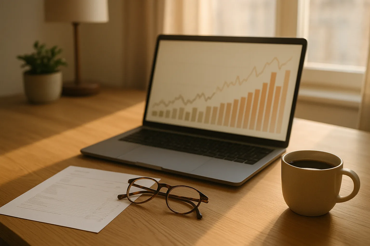 Schreibtisch mit Laptop, Kontoauszug und Kaffeetasse im Morgenlicht