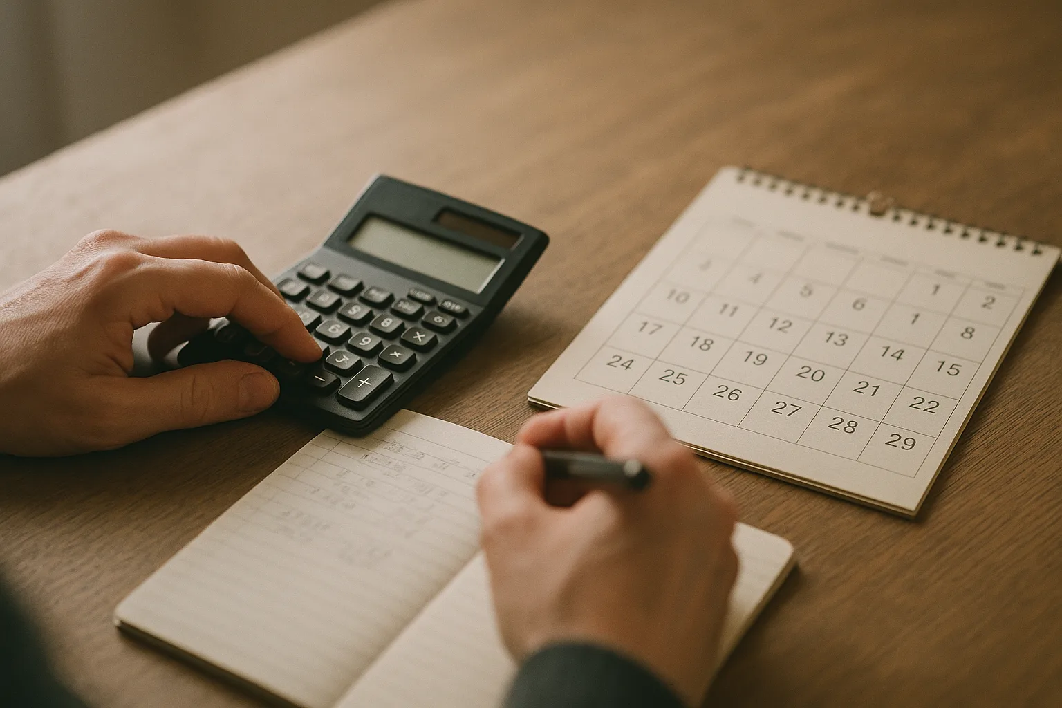 Vorabpauschale bei ETFs berechnen und richtig verbuchen 13 Hände mit Taschenrechner und Notizen neben einem Kalender auf einem Holztisch