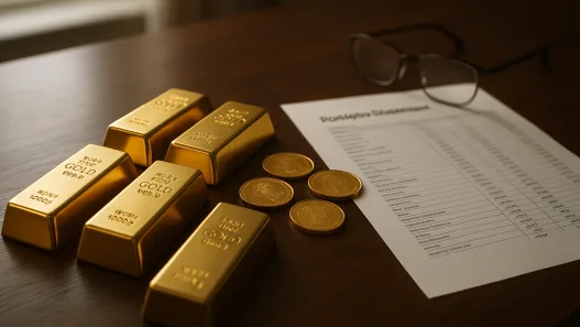 Goldbarren und Goldmünzen auf einem Schreibtisch neben einem Depotauszug