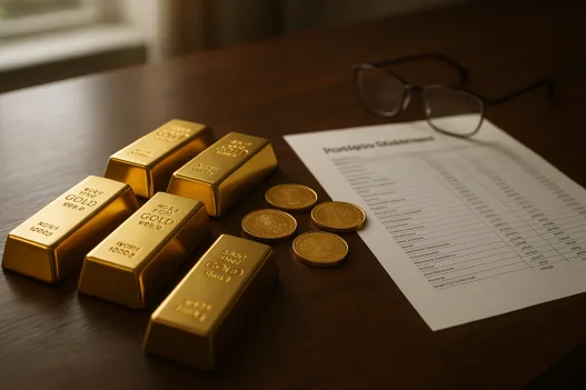 Goldbarren und Goldmünzen auf einem Schreibtisch neben einem Depotauszug