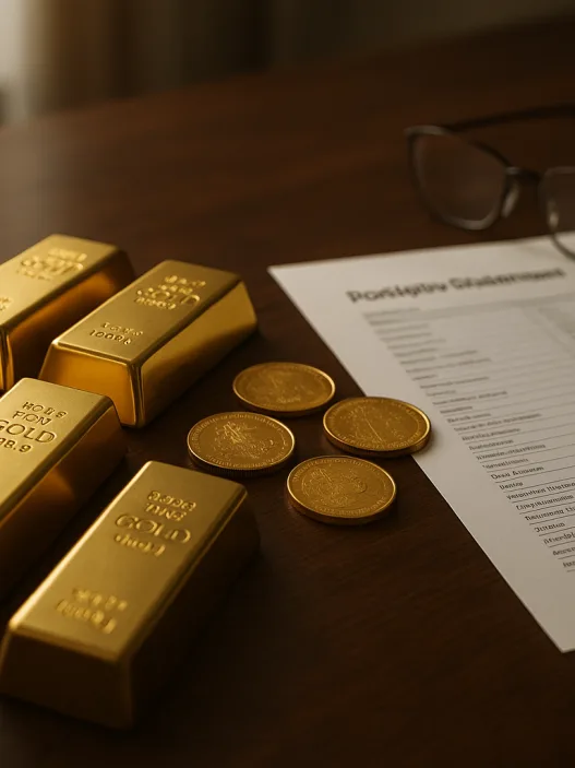 Goldbarren und Goldmünzen auf einem Schreibtisch neben einem Depotauszug