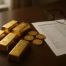 Goldbarren und Goldmünzen auf einem Schreibtisch neben einem Depotauszug