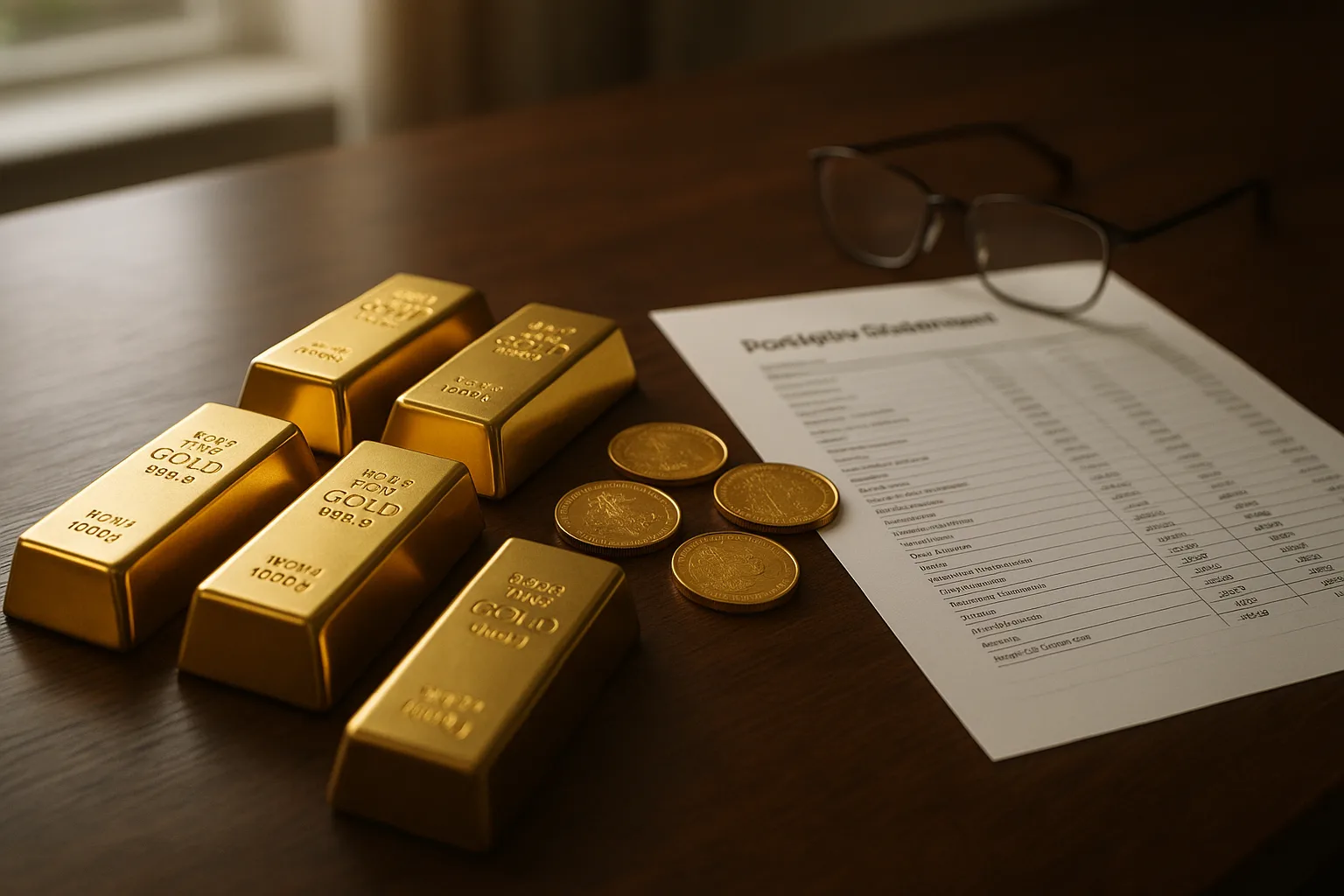 Goldbarren und Goldmünzen auf einem Schreibtisch neben einem Depotauszug