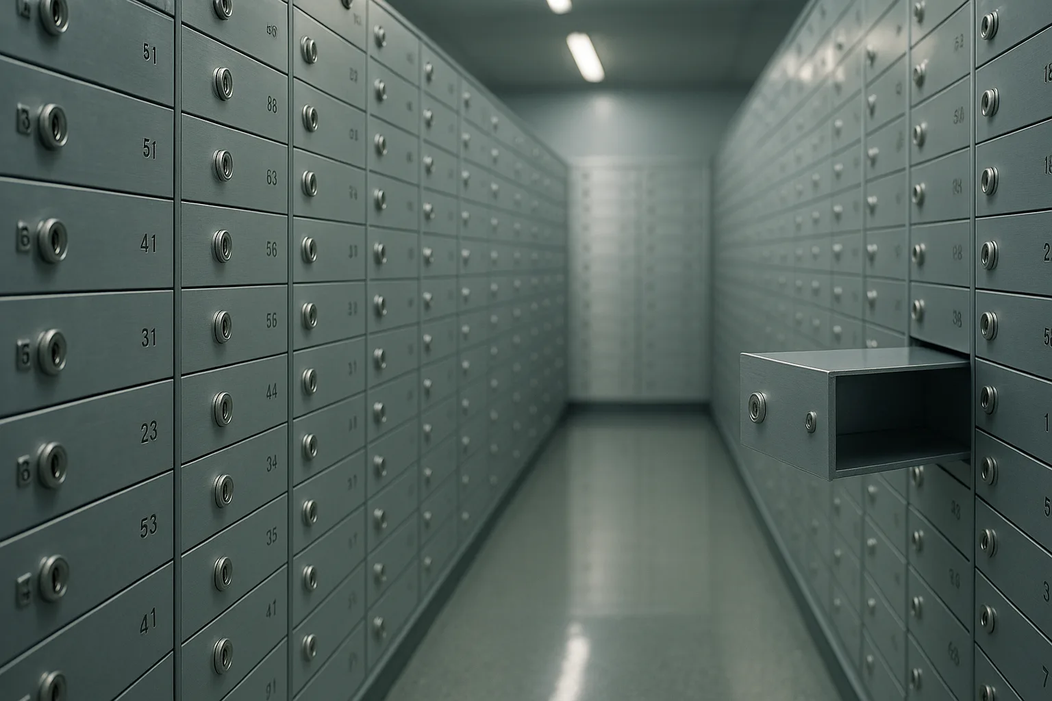 Schließfachanlage in einem Banktresorraum mit einem halb geöffneten Fach