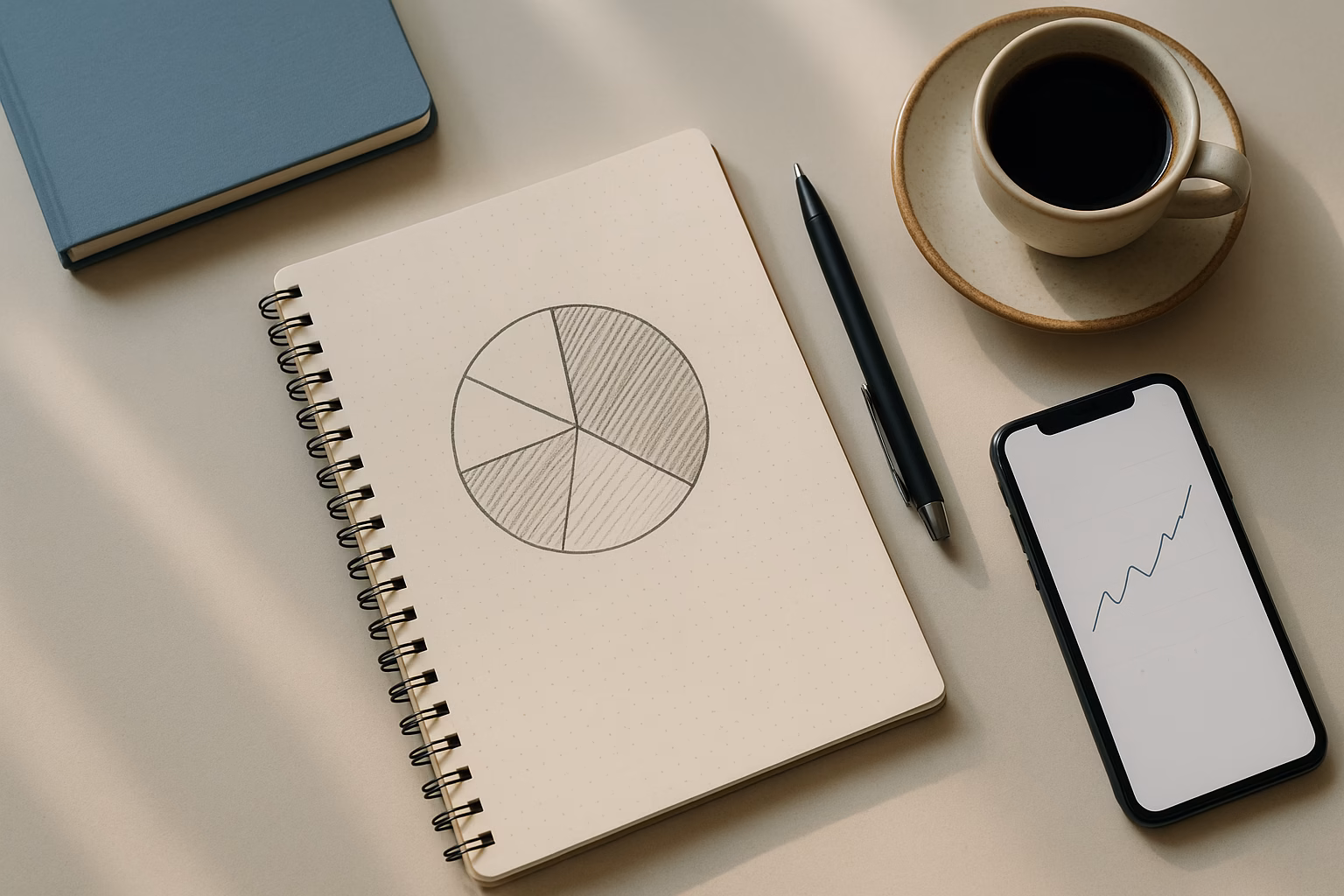 Schreibtisch mit Notizbuch, handgezeichnetem Portfolio-Diagramm und Smartphone mit Kursverlauf